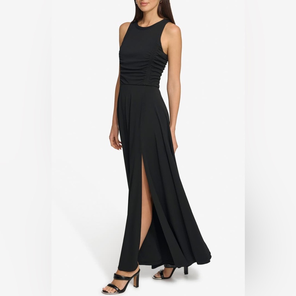 BNWT DKNY Ruched Mesh Trim Sleeveless Maxi Black Dress